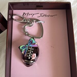 BETSEY JOHNSON Shiny Metallic Football with Pink Bow Bag Charm Keychain NEW NWT